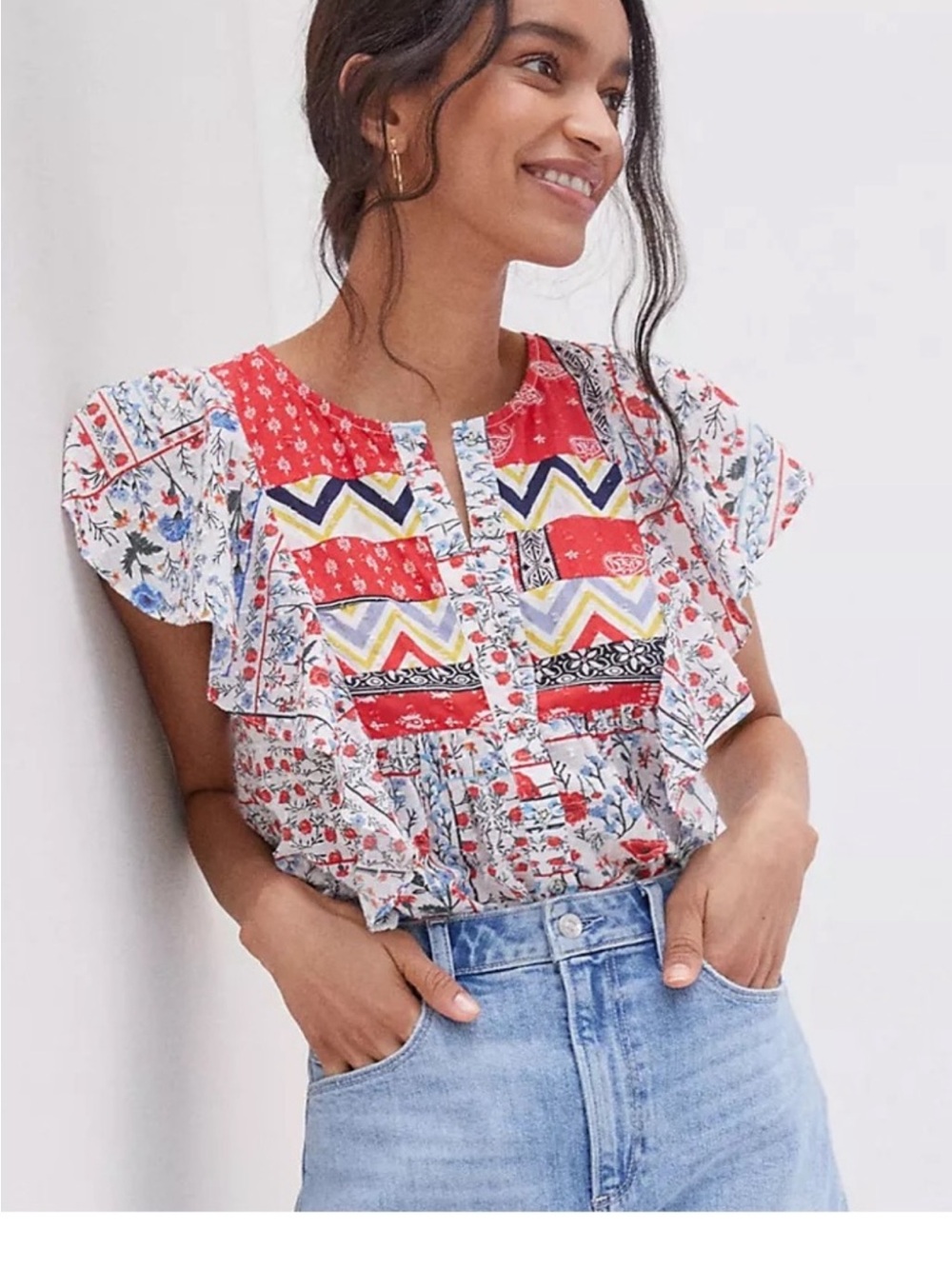 ANTHROPOLOGIE LET ME BE PATCHWORK RUFFLE FLORAL MIXED PRINT BLOUSE SIZE 8
